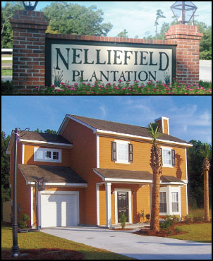 a home and community sign in Nelliefield Plantation in Daniel Island, SC